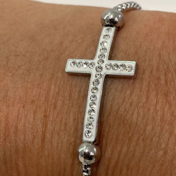 Silver Bracelet With White Enameled Chris's With Rhinestones Slide Closure - Picture 7 of 8